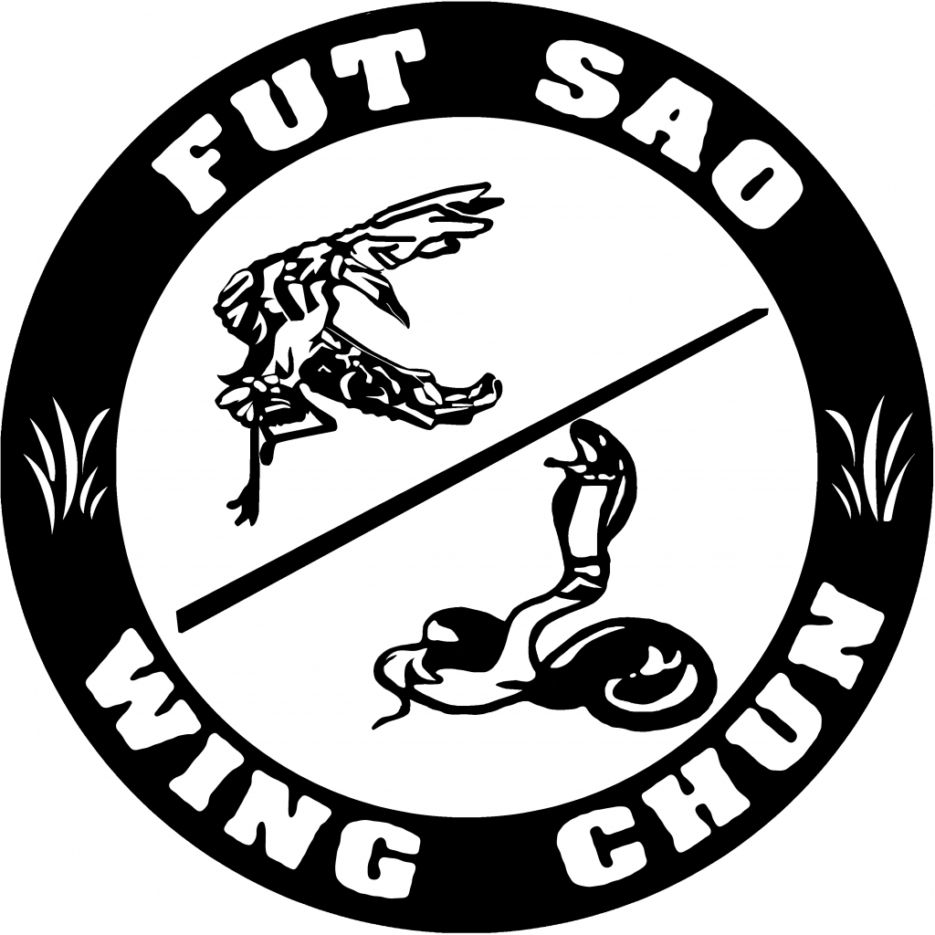 Black and white Fut Sao Wing Chun logo with crane and cobra in alert stances.