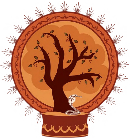 The sound meditation poison tree logo with shades of orange and a cobra in front of the tree.