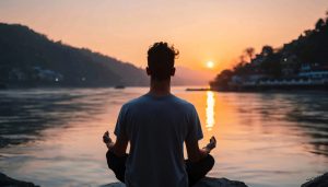 a man in meditation position with hands on knees looking at the sunset over a big lake.